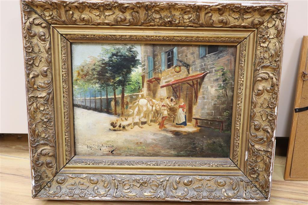 After Meissonier, oil on canvas, Figures outside an inn, 23 x 32cm